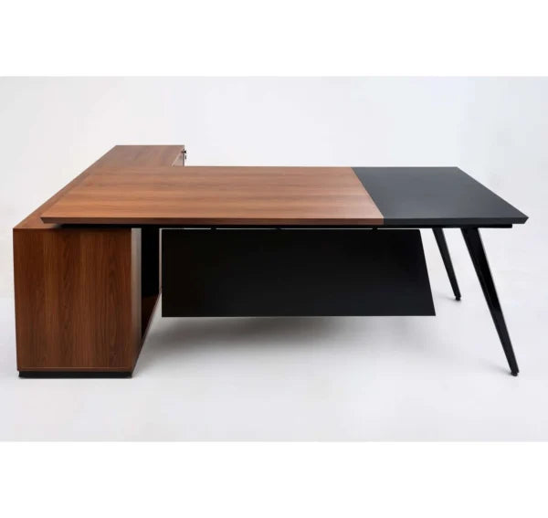 مكتب Dracul Manager Desk – خشبي مع لمسات سوداء، 160×180×75 سم، MDF إسباني (OM12)