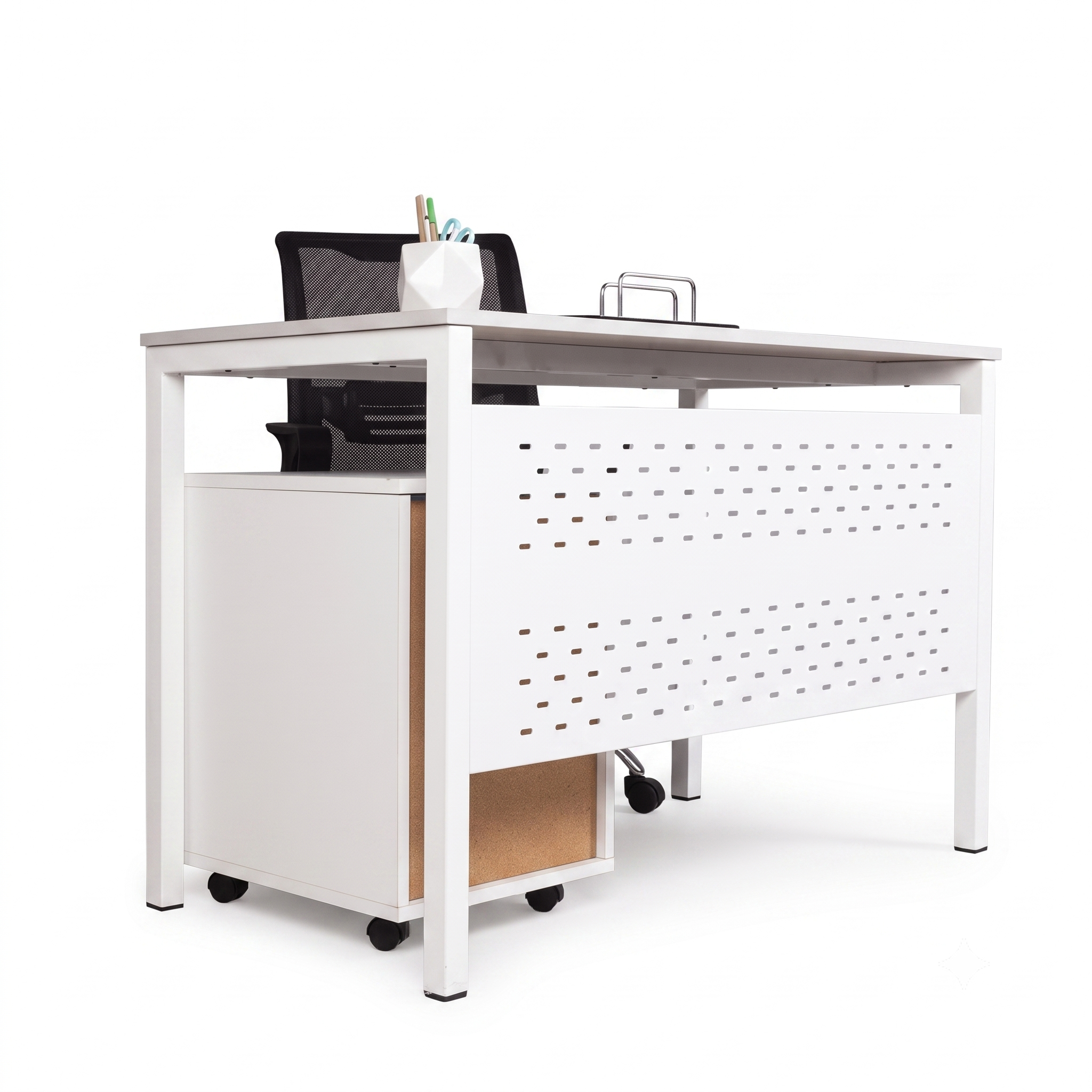 Ferrum Desk – White Metal Desk with Perforated Privacy Panel (OE1)