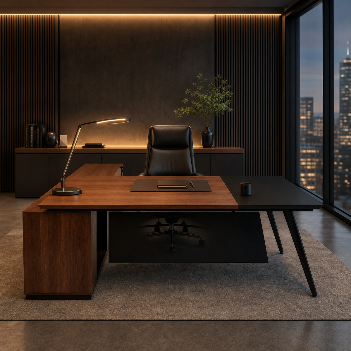 مكتب Dracul Manager Desk – خشبي مع لمسات سوداء، 160×180×75 سم، MDF إسباني (OM12)