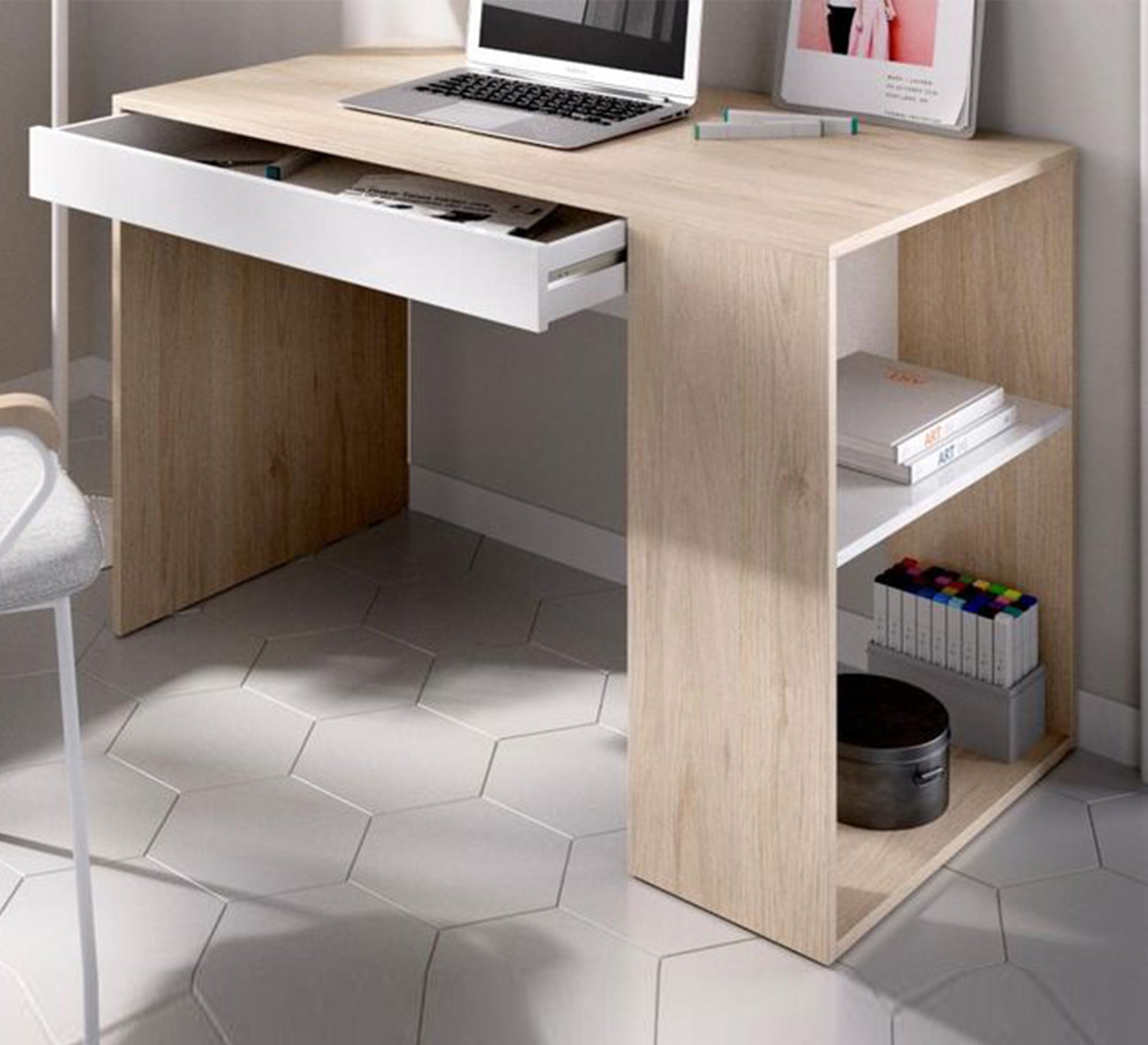 Elegant Beige Desk with Double Storage – Drawer & 2 Side Shelves (SD12)