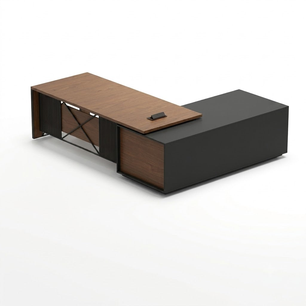 Cube Executive Manager Desk – Wooden Desk with Black Accents and Metal Legs (OM8)