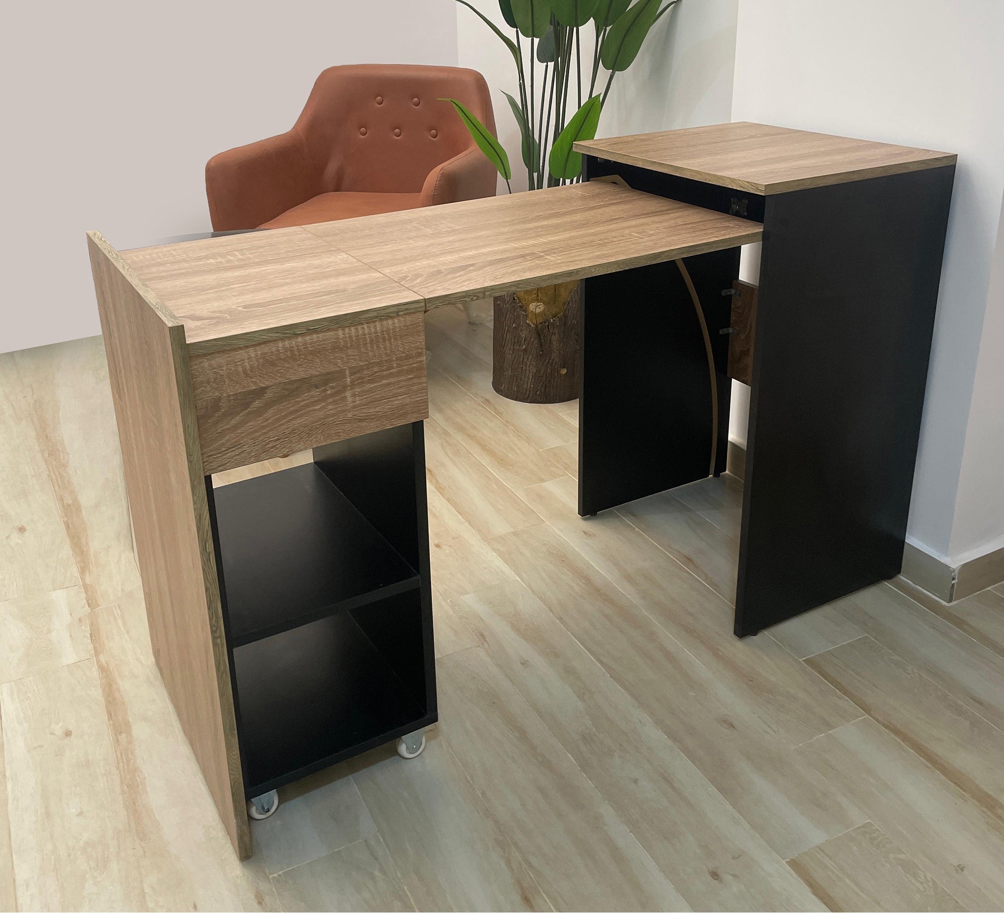 Foldable Desk – Black & Beige, 2 Shelves & Top Drawer (SD4)