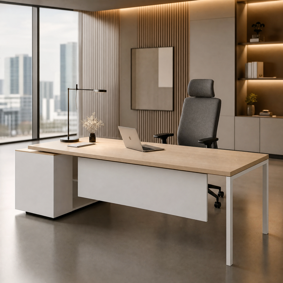 مكتب Kiro Manager Desk – خشبي مع لمسات سوداء، 160×180×77 سم، MDF إسباني (OM13)