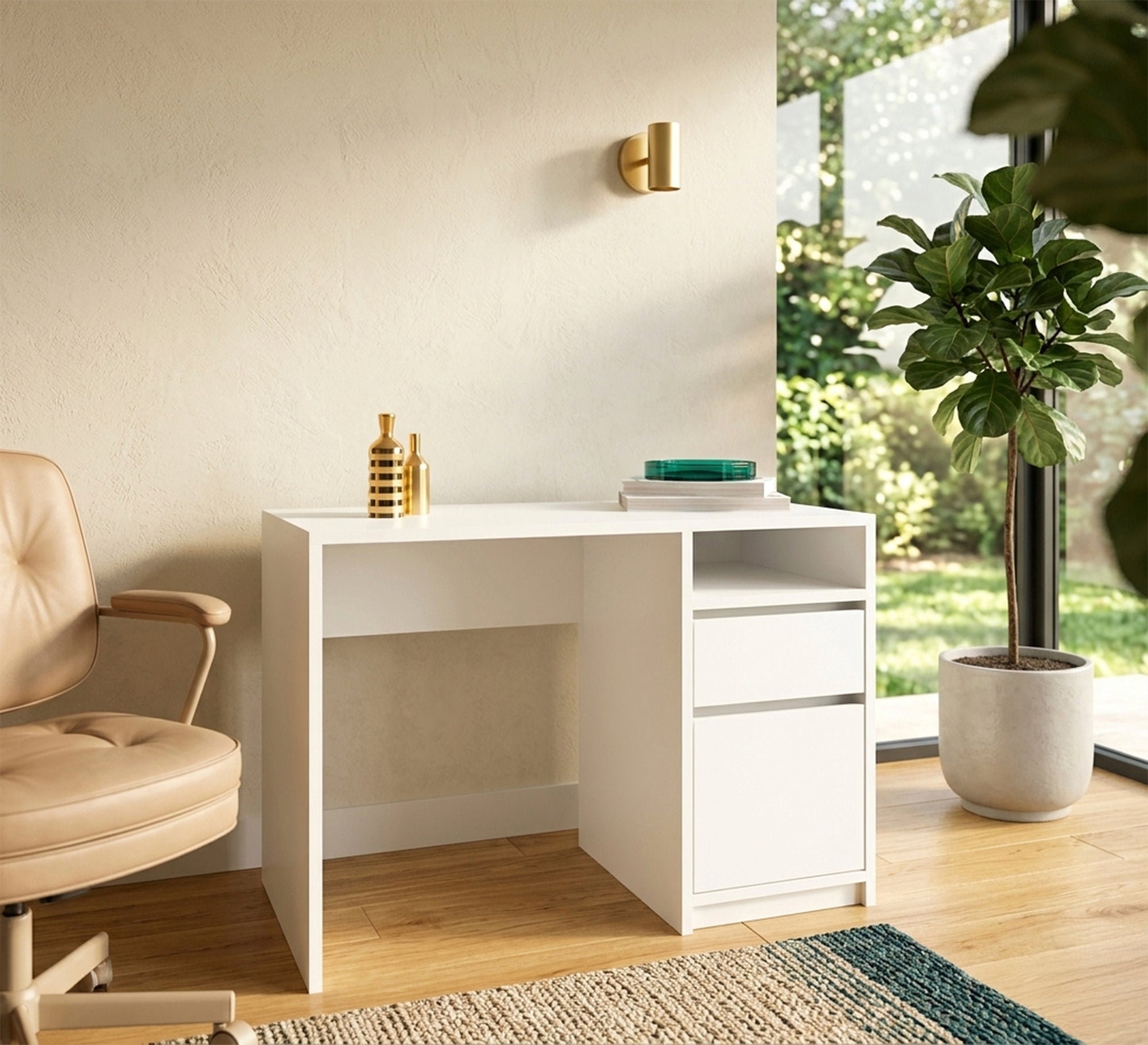 Modern White Desk – Open Shelf & Side Drawers, Thai MDF (SD15)