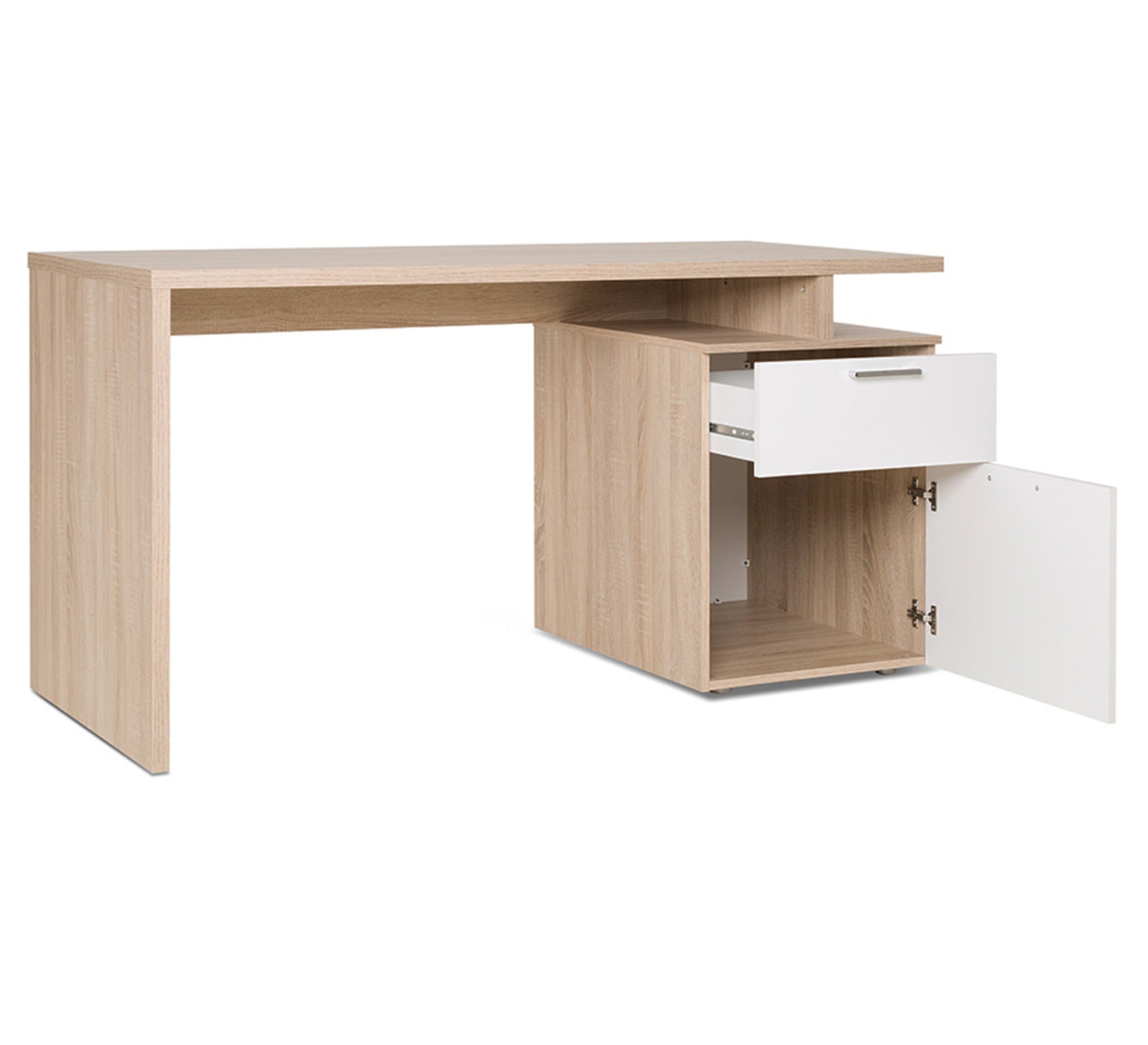 Modern Spacious Desk – Light Wood & White, 2 Drawers & Open Shelf (SD16)