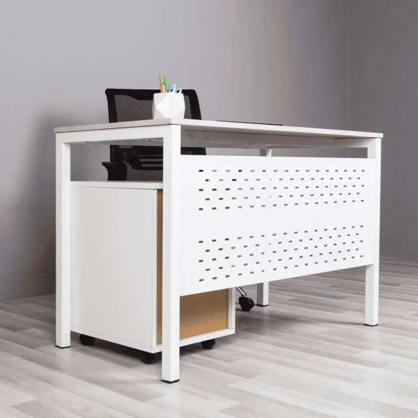 Ferrum Desk – White Metal Desk with Perforated Privacy Panel (OE1)