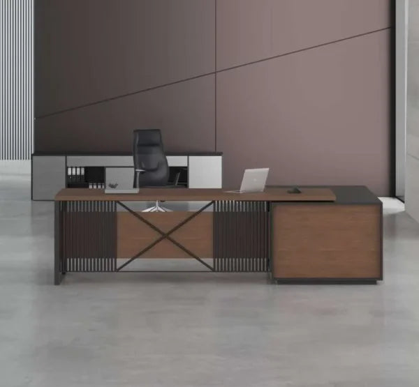 Cube Executive Manager Desk – Wooden Desk with Black Accents and Metal Legs (OM8)