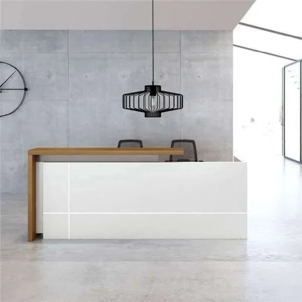 كونتر استقبال خشبي WOODR – مع لمسات بيضاء، 160×50×110 سم (CR3)