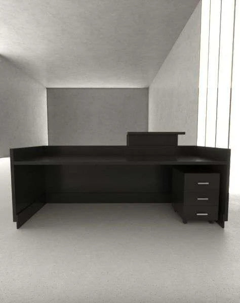 كاونتر استقبال LORY – خشبي دافئ مع لوحة سوداء، 160×50×110 سم (CR4)
