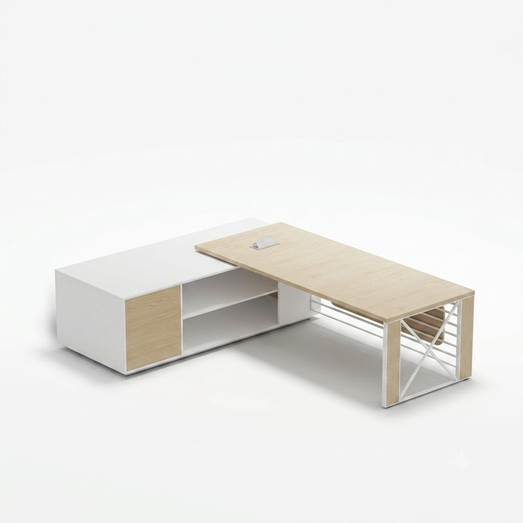 CUBE Sided Manager Desk – Wooden Desk with White Frame (OM9)