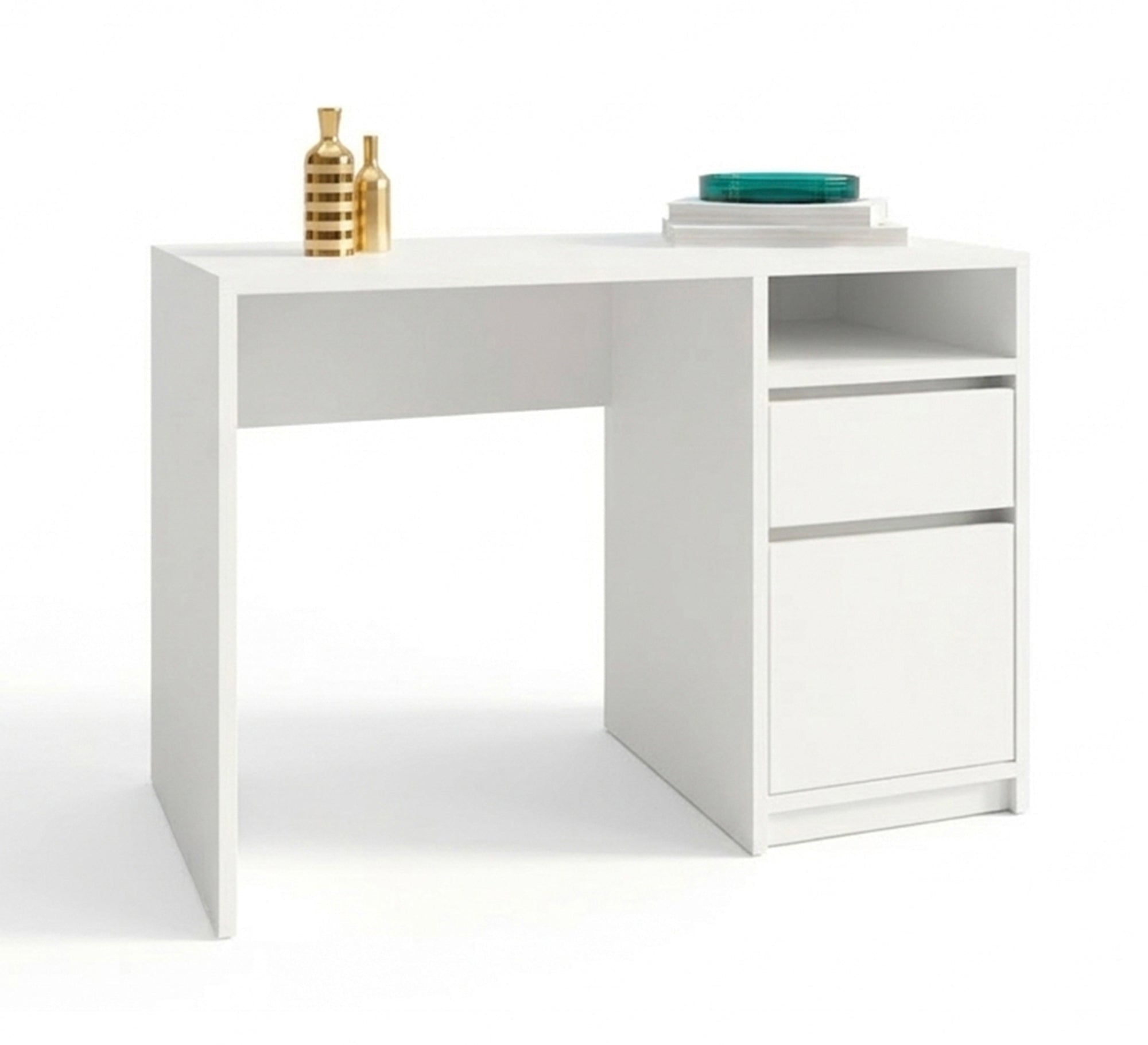 Modern White Desk – Open Shelf & Side Drawers, Thai MDF (SD15)