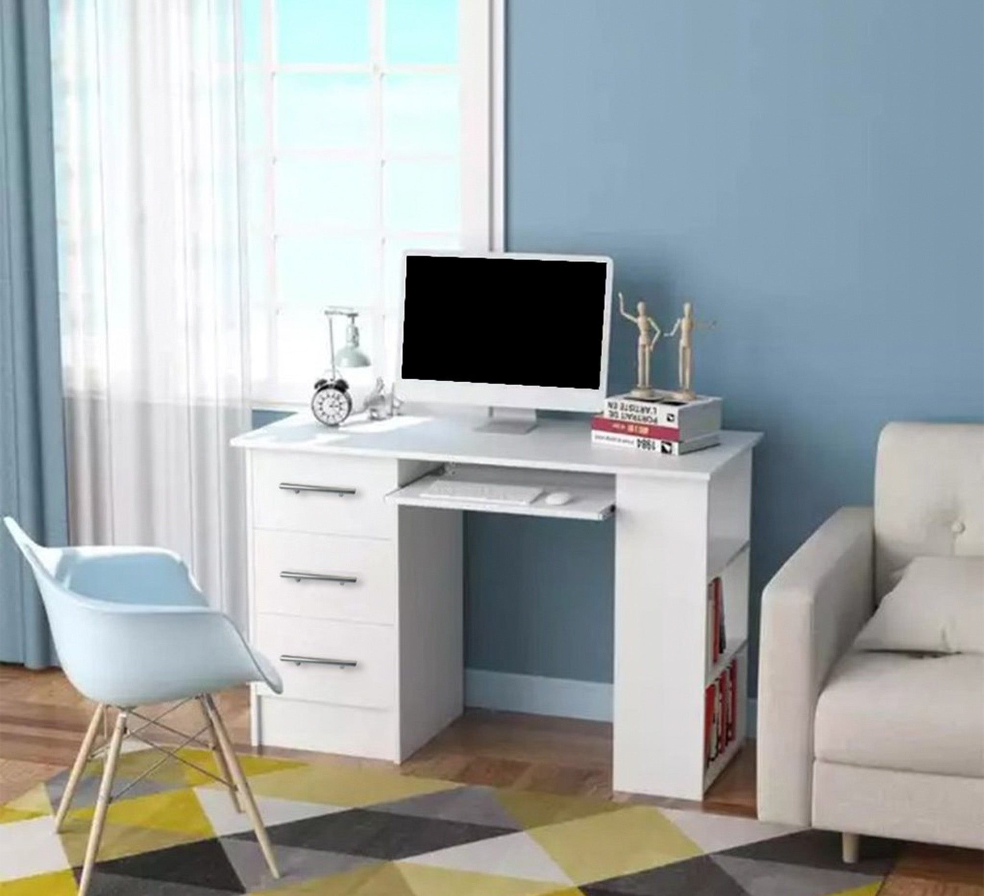 Elegant White Kids' Study Desk – Interlocking Side Shelves (SD9)