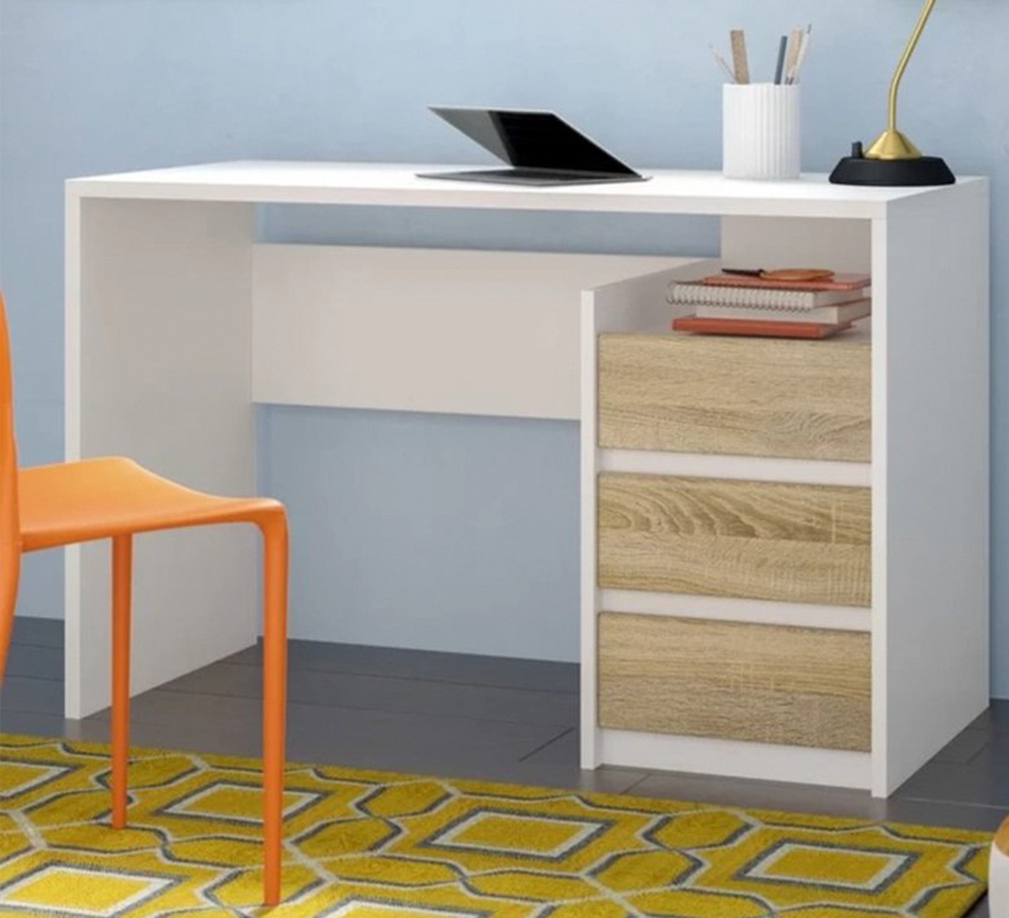 Modern Youth Desk – Glossy White & Light Beige Wood with Shelves & Drawers (SD11)