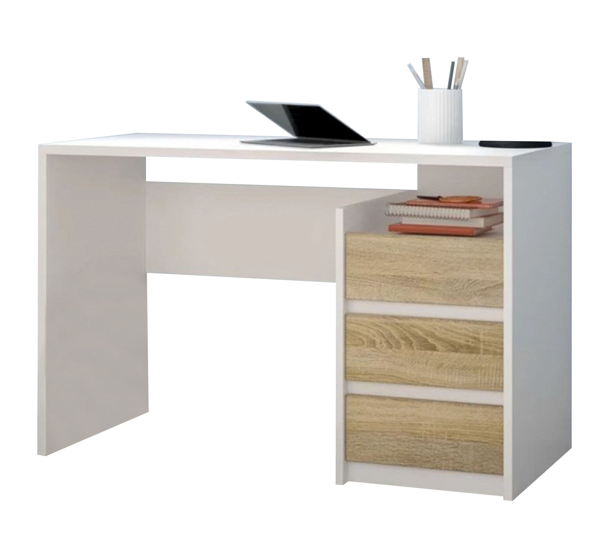 Modern Youth Desk – Glossy White & Light Beige Wood with Shelves & Drawers (SD11)