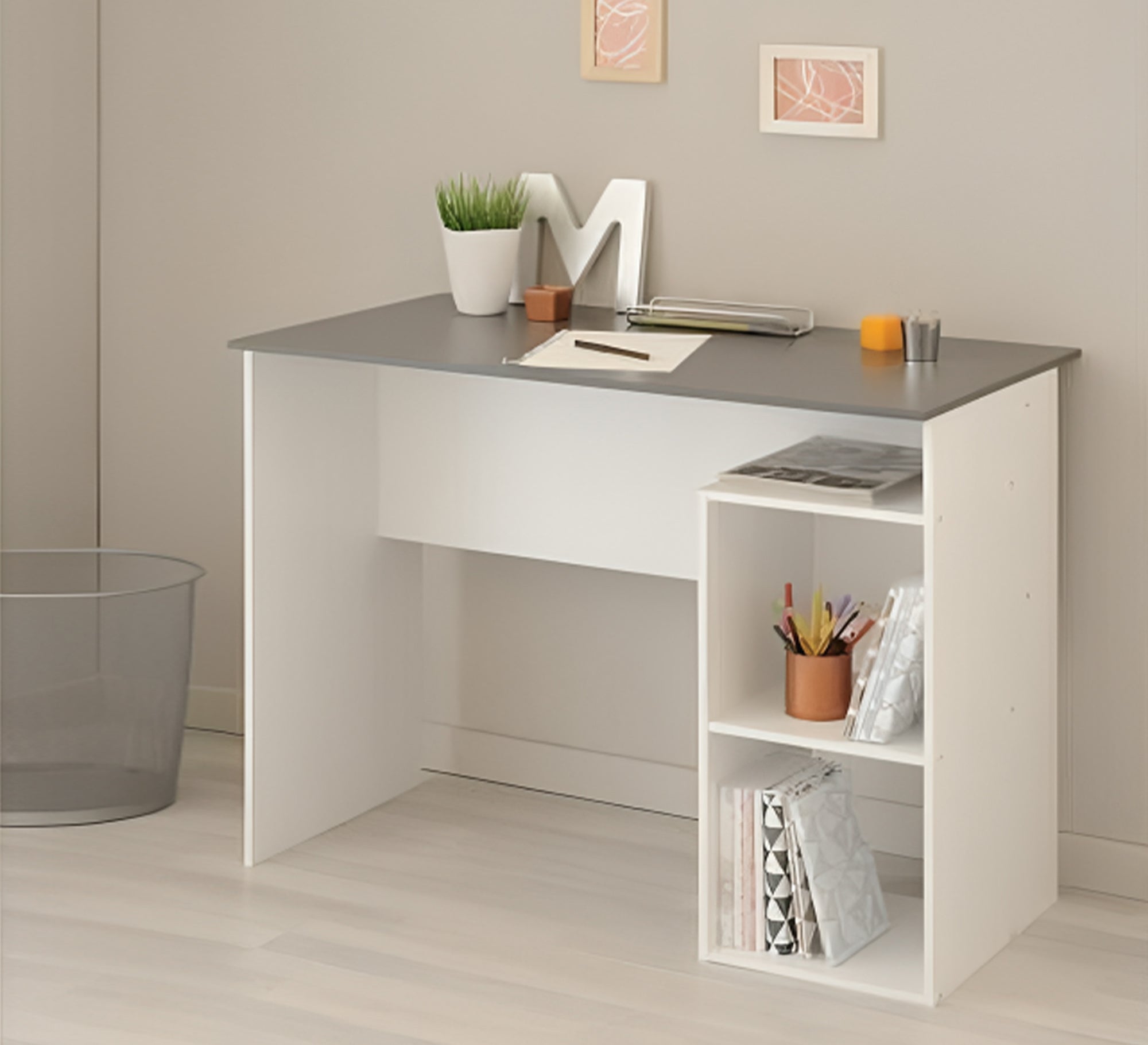 White Study Desk with Grey Surface – Modern Compact Design (SD7)