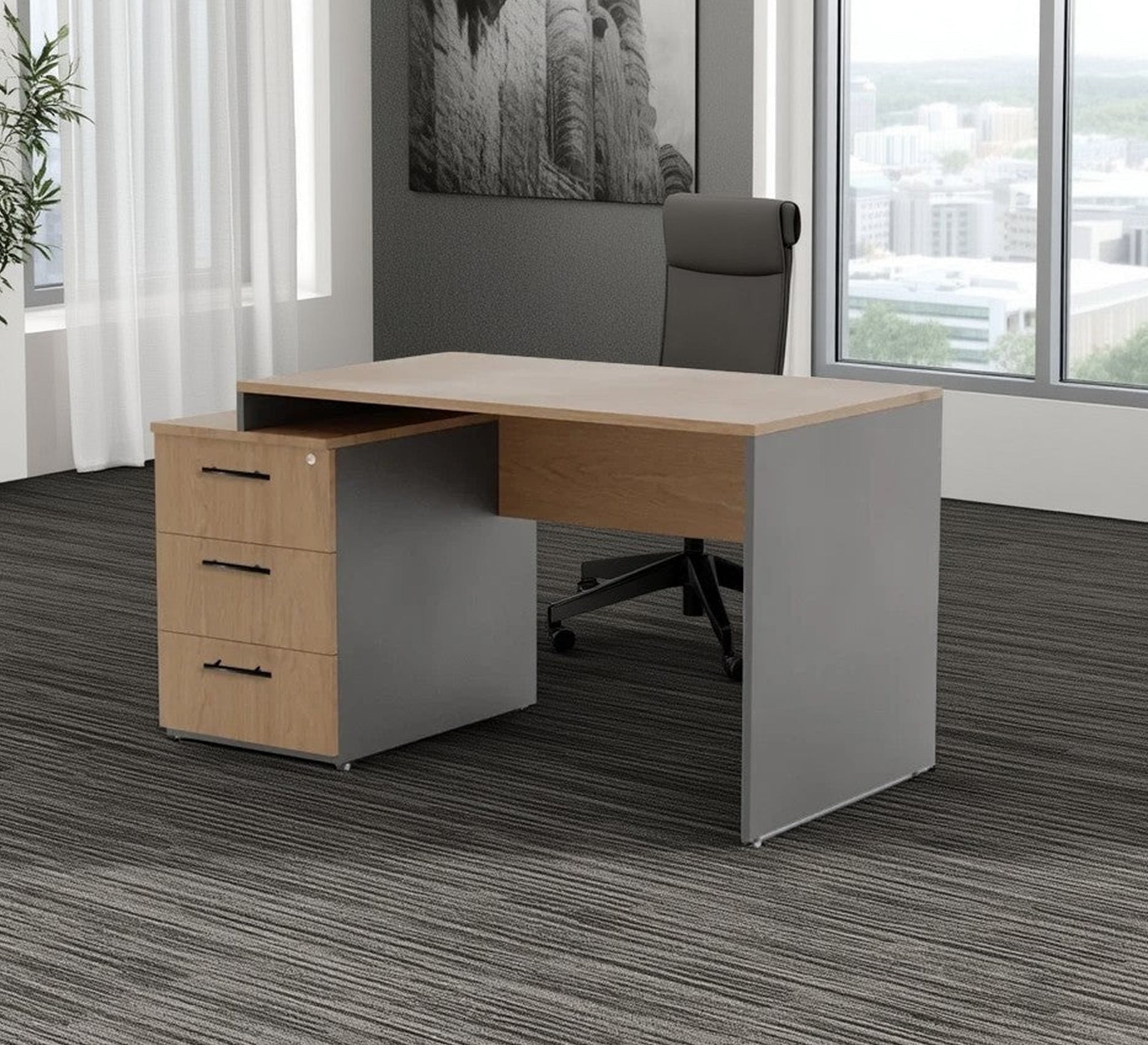 Modern Office Desk – Light Wood & Grey, 3 Lockable Drawers (SD13)