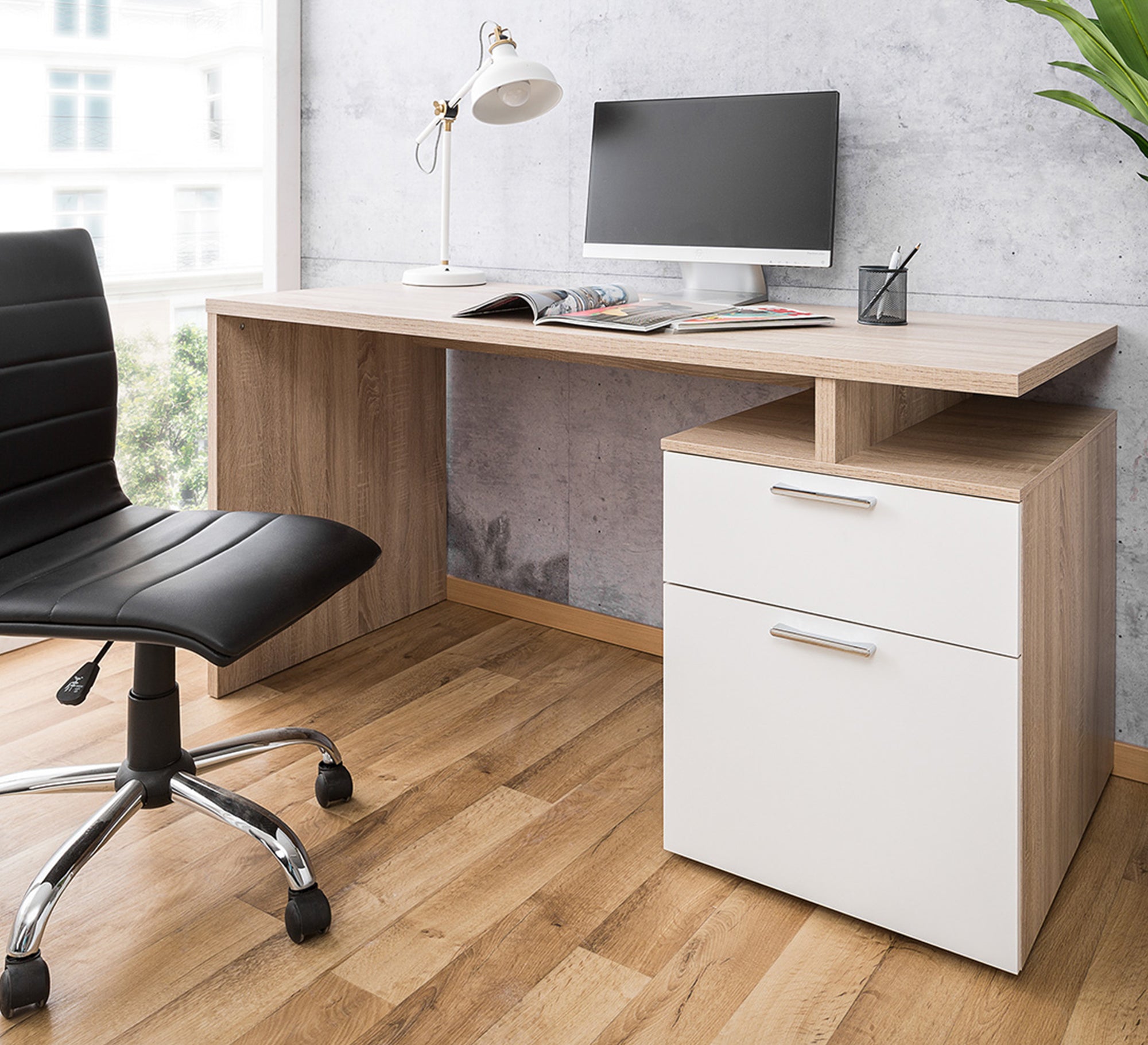 Modern Spacious Desk – Light Wood & White, 2 Drawers & Open Shelf (SD16)
